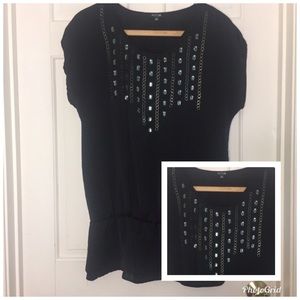 Apt. 9 | Black Silky Blouse. Light Aqua beads.